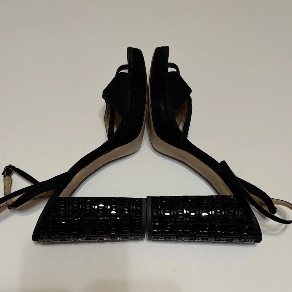 Michael Michael Kors embelished block heel Sandals, black suede leather, sz 8.5